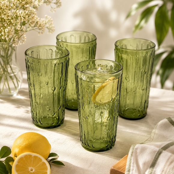 Other - Vintage Avocado Green Bamboo Textured‎ Glass Tumblers Set of 4 MCM Juice